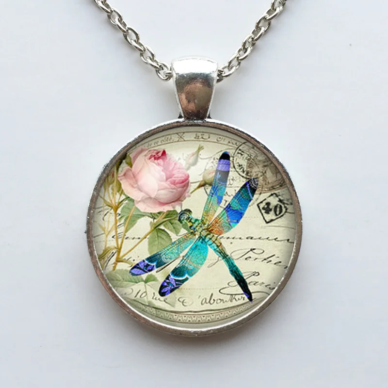 Бесплатная доставка кулон в виде синей Стрекозы с подвеской из розового стекла