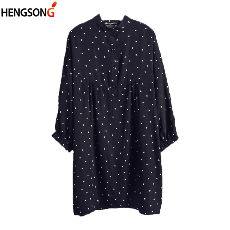 Осеннее женское платье повседневное свободное в горошек с воротником-стойкой