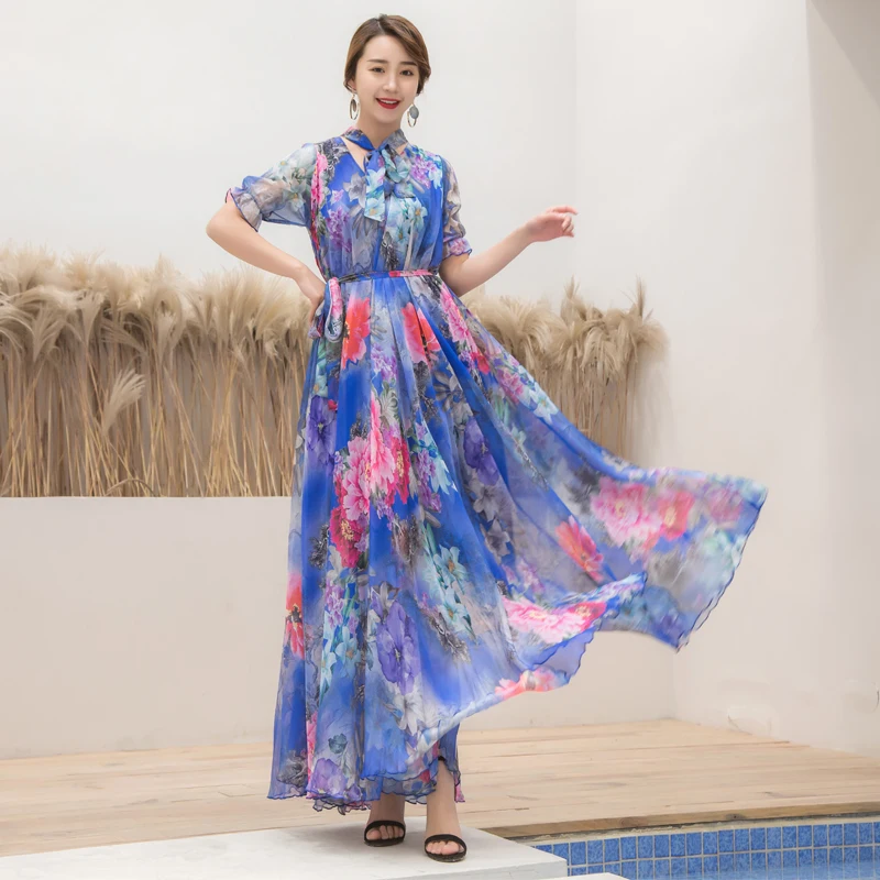 

Женское модельное платье макси в богемном стиле, шифоновое праздничное длинное платье большого размера с коротким рукавом, воротником-бант...