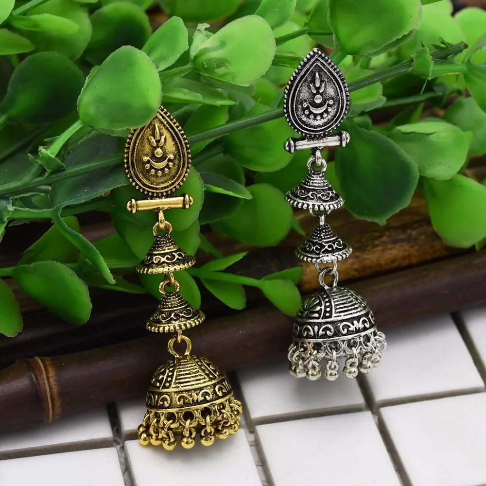 Индийские серьги для женщин, окисленная Jhumka, золото, серебро, большая Длинная кисточка, колокольчики, висячие серьги, цыганская турка, Этнические украшения
