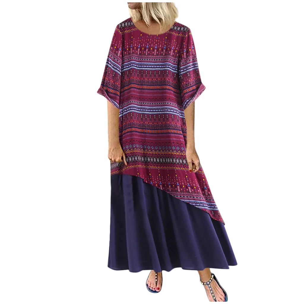 MISSOMO 5XL, женское платье, винтажное, с принтом, из кусков, с круглым вырезом, летнее, с принтом, без рукавов, размера плюс, повседневное, свободное, макси платье для женщин - Цвет: RD