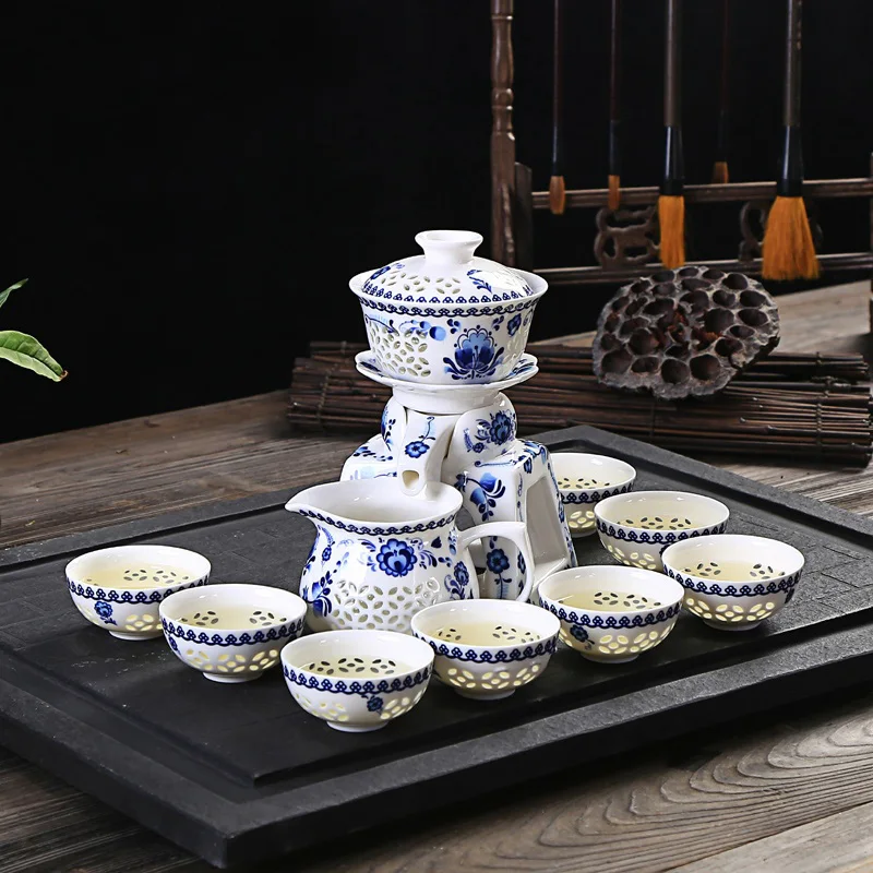 

11PCS/Lot Chinese Style Automatic Openwork Ceramic Porcelain Teacup Fair Cup Base Gaiwan Art Kit Office Anti-hot Kung Fu Tea Set