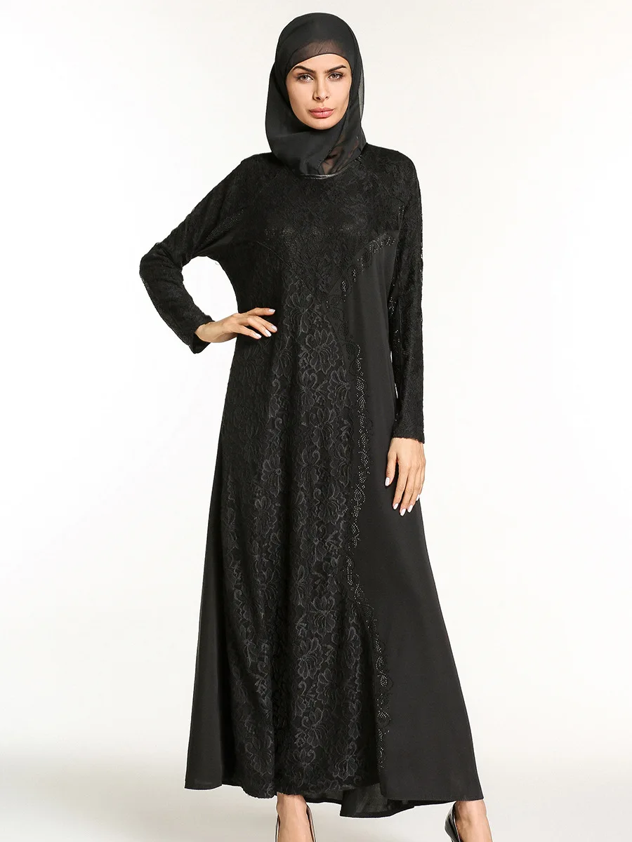 Мусульманское черное кружевное Макси платье Abaya кимоно бриллианты длинное