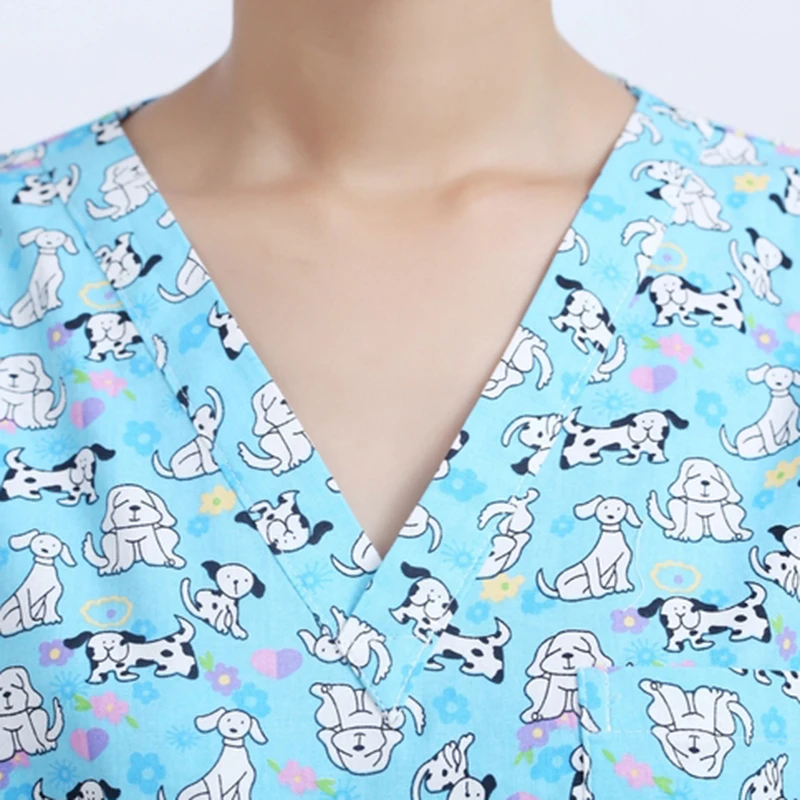 Dogs Printed Doctor Nurse Uniform Women Short-sleeve Scrub Sets Medical Uniform Hospital Dental Clinic Beauty Salon Workwear Set