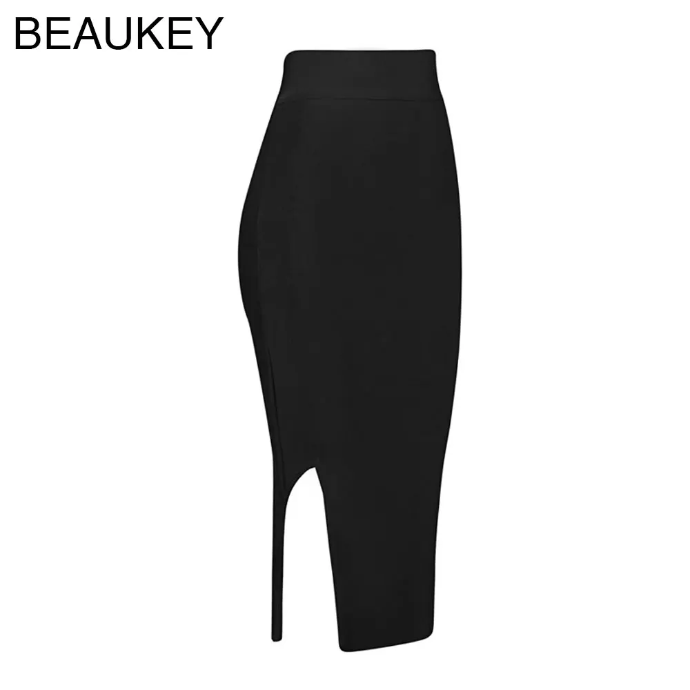 Женская юбка карандаш с разрезом BEAUKEY черная облегающая высокой талией и сбоку