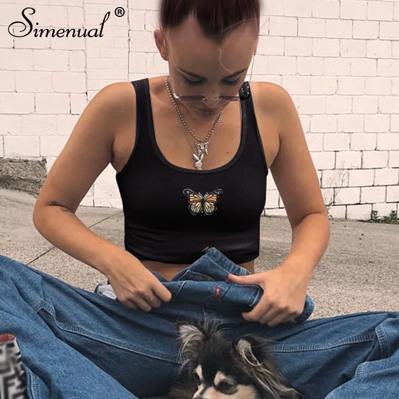 Simenual повседневные топы с вышитыми бабочками для женщин, базовые тонкие резервуары, лето, модный короткий топ без рукавов, уличная одежда, новинка - Цвет: black