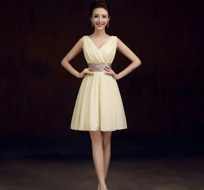 Шампанское Vestido madrinha Новое шифоновое сексуальное ТРАПЕЦИЕВИДНОЕ ПЛАТЬЕ С v-образным вырезом цвета шампанского, бирюзового, Королевского синего, фиолетовое платье для невесты короткое недорогое свадебное платье - Цвет: Шампанское