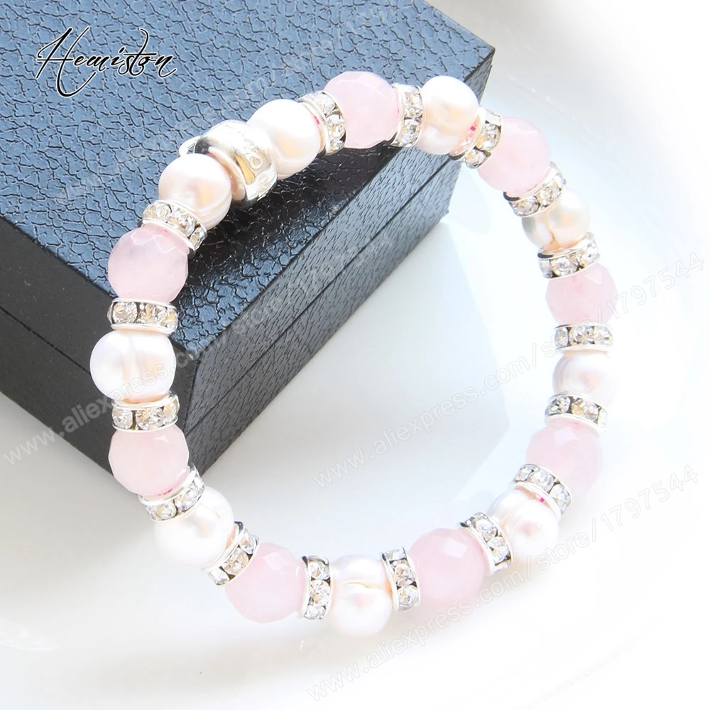 Томас розового цвета камень кварц Пресноводный Жемчуг стразы из бисера браслет с