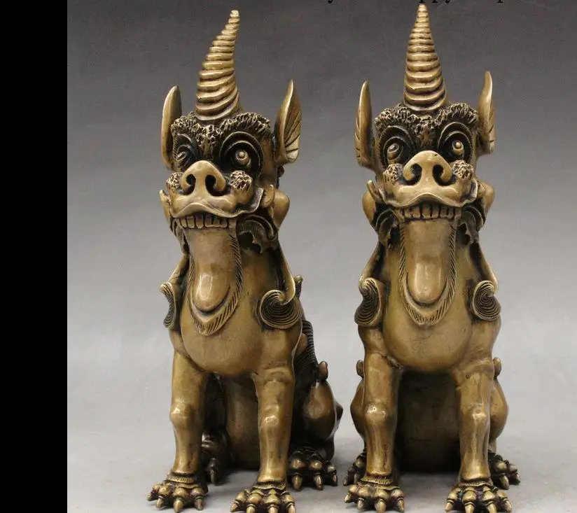 WBY 17017+++11" Chinese Bronze Evil kylin Kirin Pixiu Brave Troops Unicorn Beast Pair Statue | Дом и сад