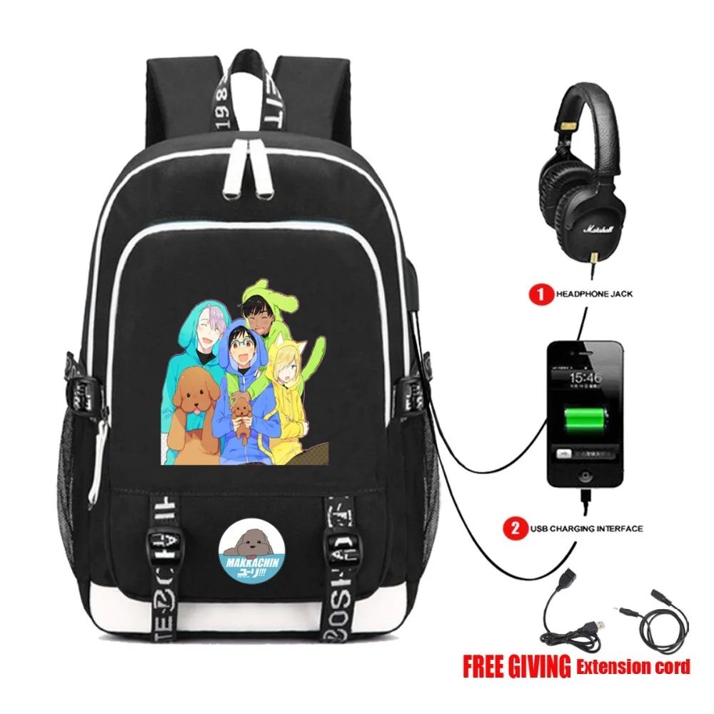 

USB Charge Headphone Jack Men Women Laptop Bags teenagers School Bags Mochila College Students Bag Anime YURI On ICE backpack