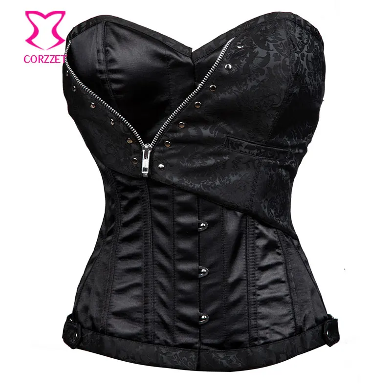 

Corzzet Plus Size Bra Zipper Black Satin & Brocade Overbust Corset Waist Trainer Steel Boned Steampunk Gothic Clothing For Women