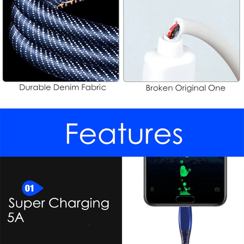 5A супер зарядный usb-кабель type C кабель джинсовый Плетеный Supercharge type C кабель для huawei P20 P30 Lite Pro V20 mate 20