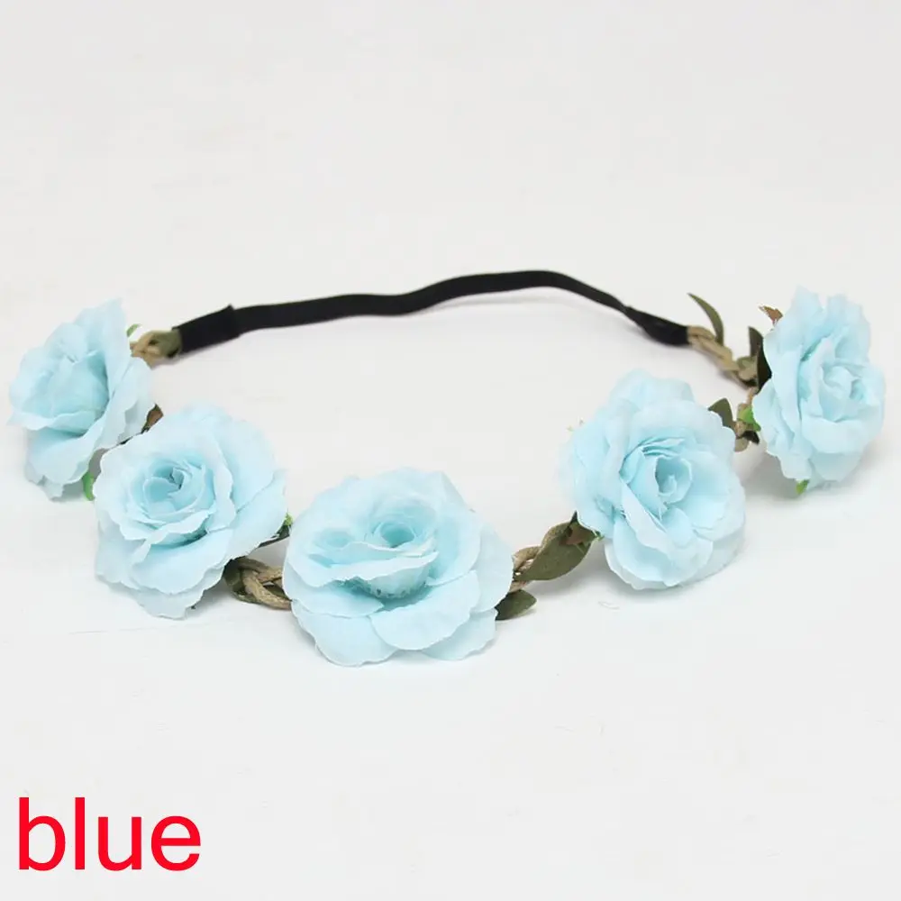 blue Модная женская повязка на голову с цветами для невесты, мексиканский стиль, розовая Корона, повязка на голову, женские эластичные пляжные аксессуары для волос - Цвет: blue