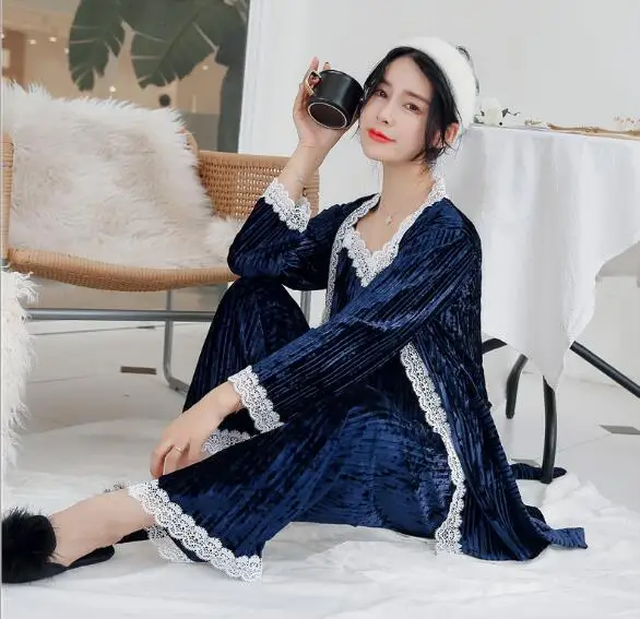

Fdfklak 3 Pieces sleepwear set women home clothes sexy lace nightwear warm velvet pajamas women autumn winter pyjama femme