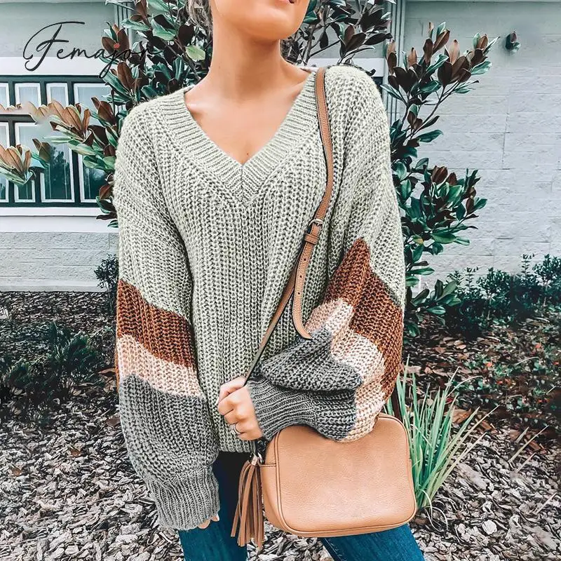 Femajor Women Autumn Winter Sweater Casual V Neck Knitted Pullover Female Gray Block Long Sleeve Tops Mujer Loose Jumper | Женская