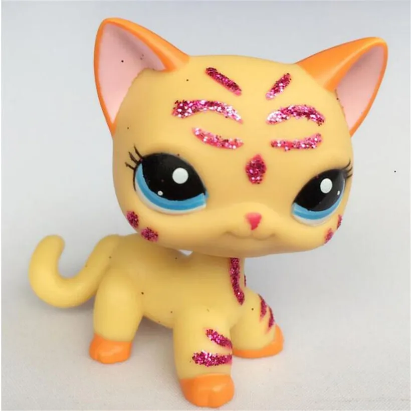 Pet Shop LPS Cat Короткие волосы желтый котенок с голубыми глазами фиолетовый блеск