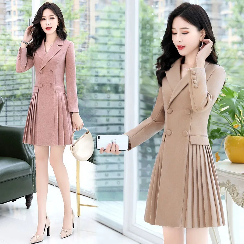 Осенне зимнее модное плиссированное платье женское новое длинное деловое