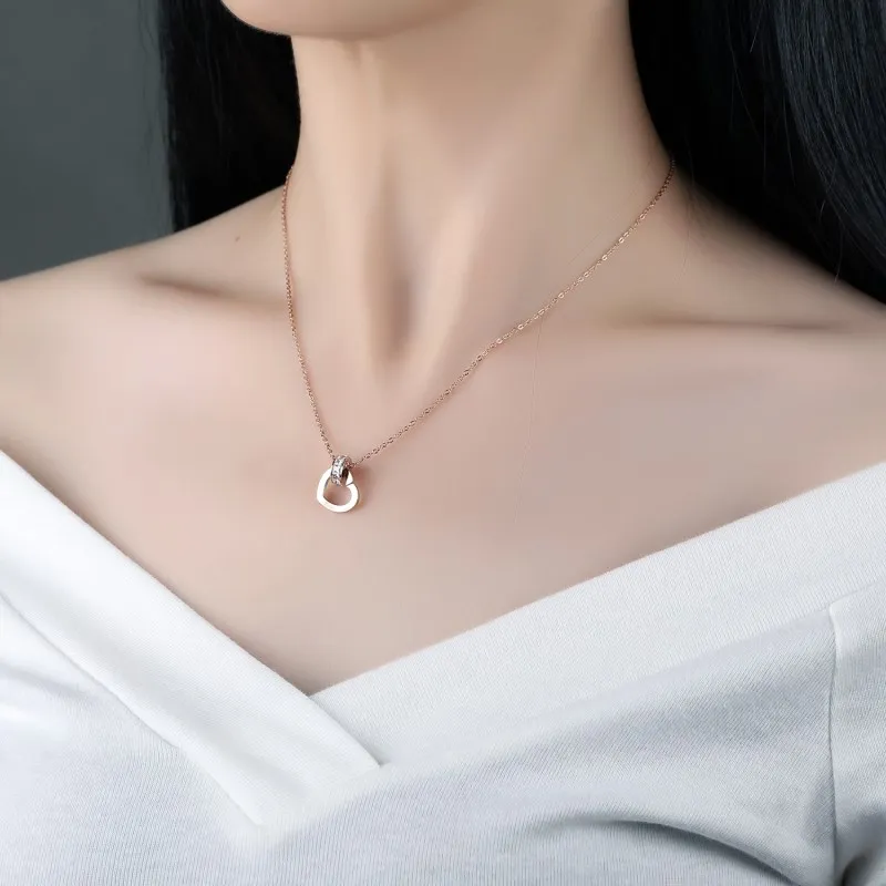 Sweet Pendant Necklaces Heart Rose Gold Stainless Steel Round Pure White Cubic Zircon Link Chain Romantic Designer Women Jewelry | Украшения