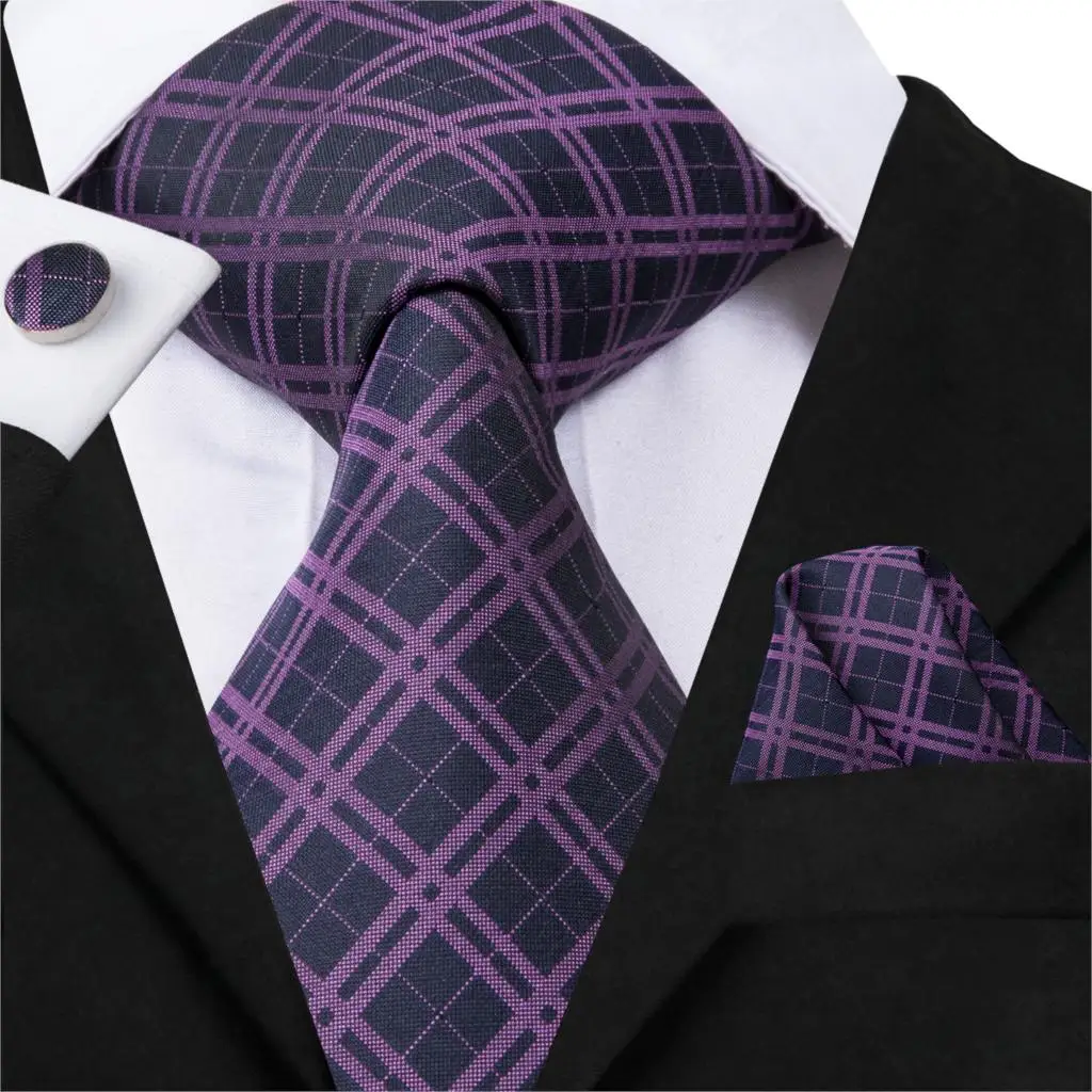 

Luxury Purple Plaid Neckties For Men 100% Silk Hand Made Formal Business Jacquard Woven Ties Pocket Square Cufflinks Set C-3009