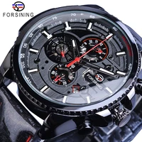 forsining black racing speed automatic mens watch self wind 3 dial date display polished leather sport mechanical clock dropship