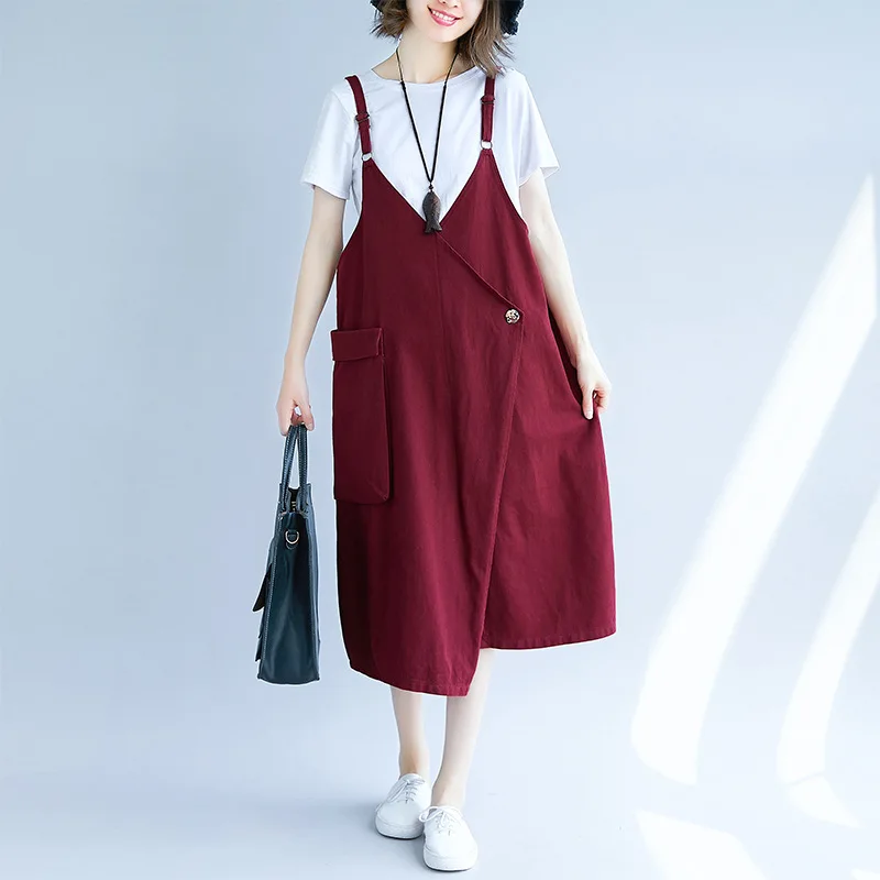 ilstile 2018 Women Spaghetti Strap Casual Loose Cotton Midi Dress Summer Autumn Fashion Pockets Plus Size Basic New M-XXL | Женская