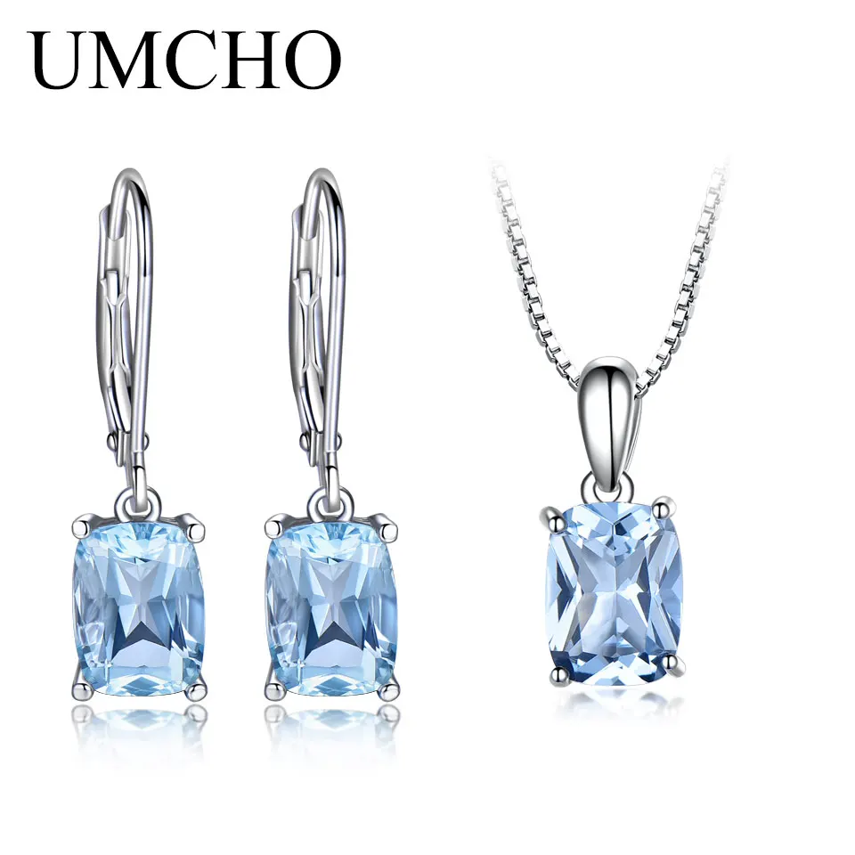 Sky Blue Topaz UMCHO 925 пробы, серебряные ювелирные изделия, создан Небесно голубой топаз, серьги, ожерелье, элегантные свадебные подарки для женщин, ювелирные наборы - Цвет камня: Sky Blue Topaz