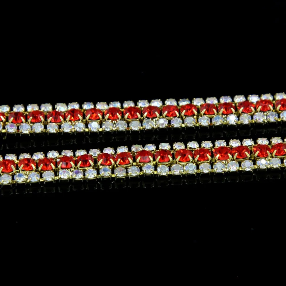 Большая распродажа! 1 ярд 9 мм 3 ряда Красный AB кристалл Rhinetone отделка позолоченный