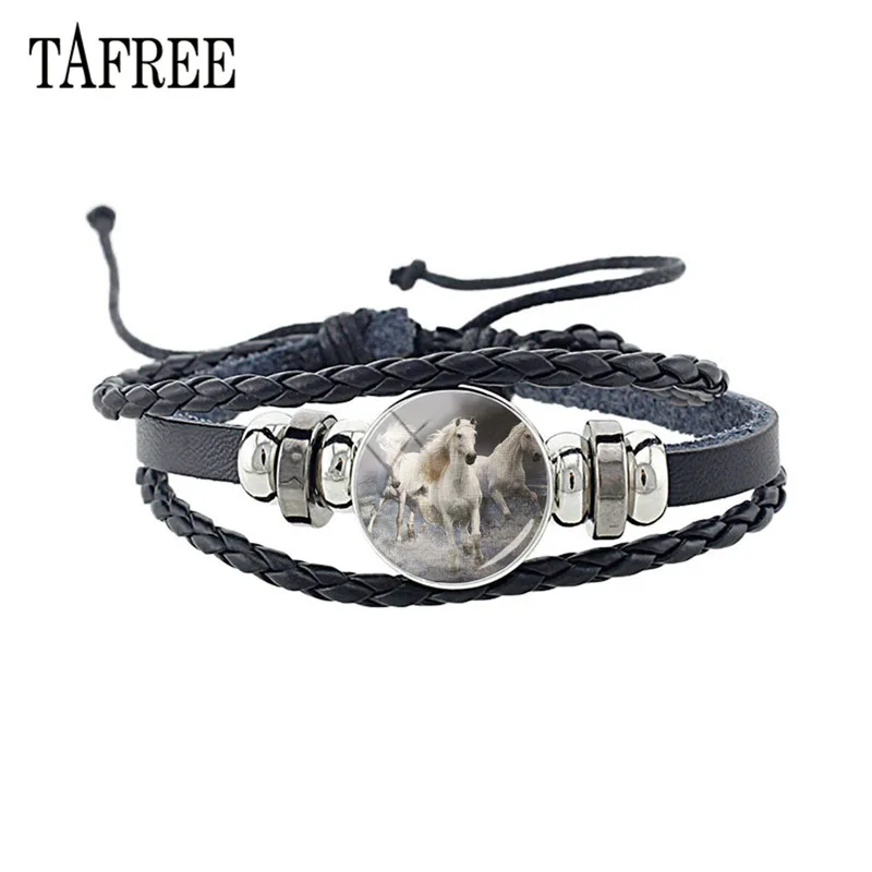 

TAFREE Fashion White Black Horse Bracelet Adjustable Braided Rope Bracelet Glass Gem Animal Pattern Charm Punk Jewelry Gift A49