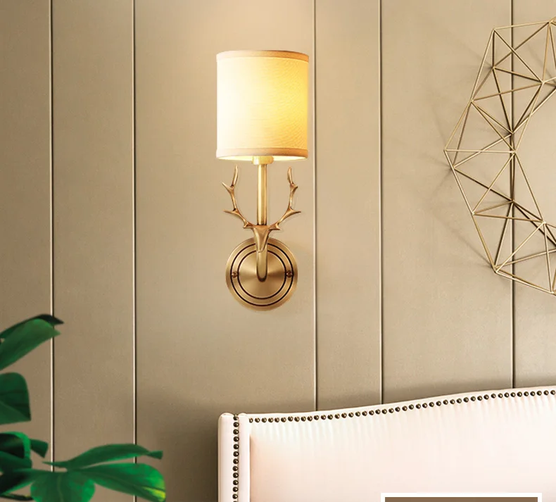 Deer antler brass material wall lamp fabric shade deer head scones Rural countryside Living room bedroom | Освещение