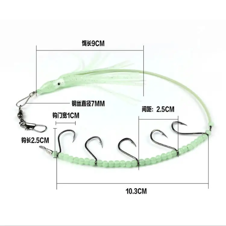 5pcs Luminous Sabiki Octopus Squid Rigs Baits Fishing Lures Catch Hooks &amp B type swivel 8 snap link Sea Ice Saltwater | Спорт и