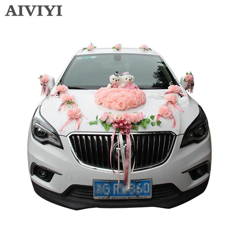 Розовый В форме сердца милый медведь свадебный автомобиль цветок искусственный цветок из шелка венок свадебное оформление автомобиля Рождество 1 шт набор - Цвет: Розовый