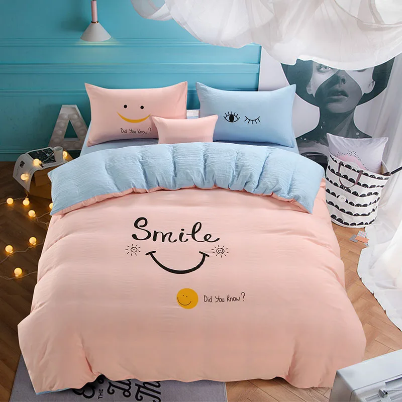smile blue jade INS промытый хлопок четыре части кружева Seers промытый хлопок серии набор простой сплошной мягкий приятный для кожи удобный прочный - Цвет: smile blue jade