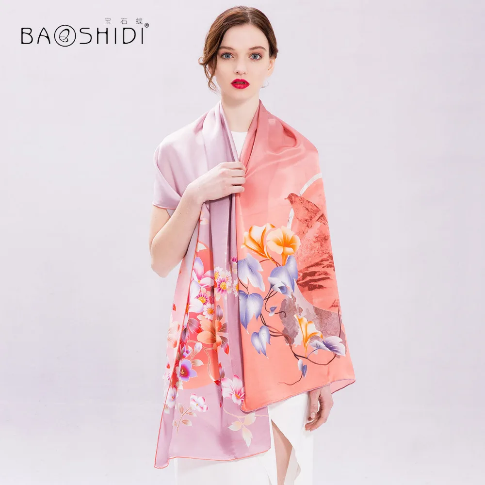 [BAOSHIDI] 100% шелковый длинный шарф для женщин Элегантная Дамская шаль бесконечности
