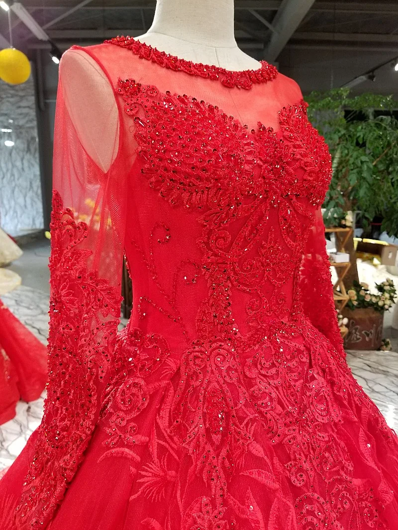 LS34571 винтажное красное свадебное платье невесты с круглым вырезом и длинным