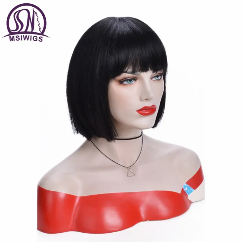 MSIWIGS Bob волосы черные короткие парики для женщин прямые синтетические волосы парик с челкой пепельно-серые волосы Термостойкое волокно