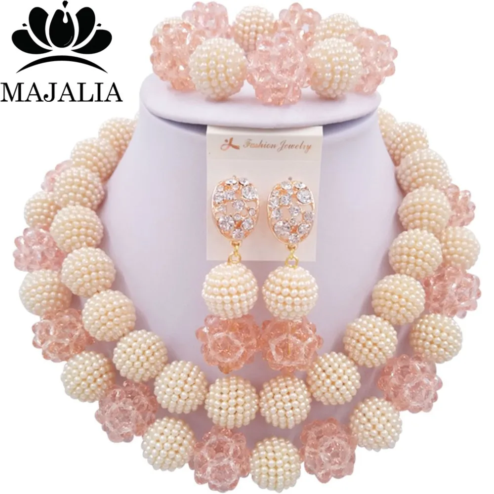 

Trendy Nigeria Wedding african beads jewelry set Peach Crystal and plastic necklace bracelet earrings Free shipping VV-271