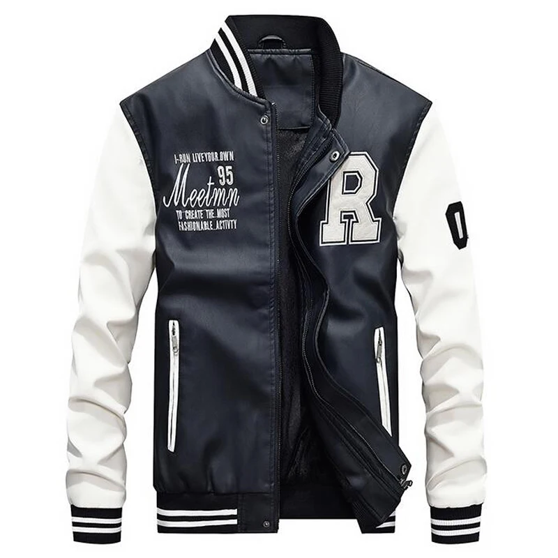 Мужская повседневная бейсбольная куртка из искусственной кожи с вышивкой