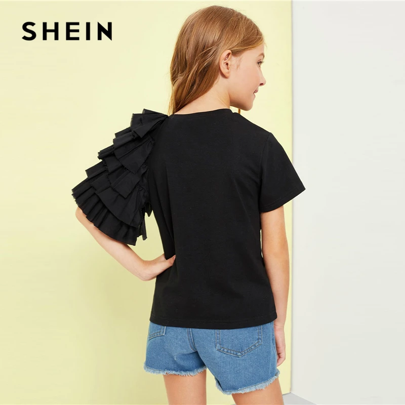SHEIN/черная Повседневная футболка с многослойными рукавами и оборками для девочек; топы для девочек; коллекция года; сезон весна; модные элегантные футболки с короткими рукавами; футболка для девочек