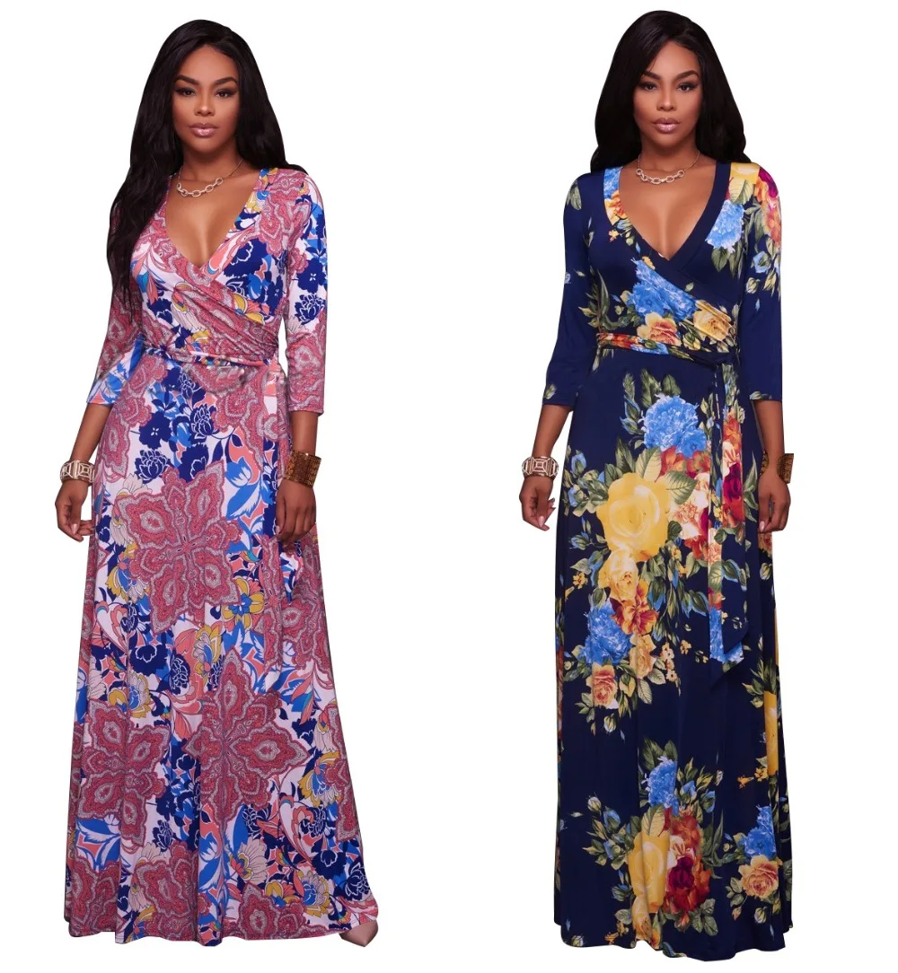 2017 богемное Винтаж цветочный Beach Party ночной клуб пол-Длина платье Mujer V Средства