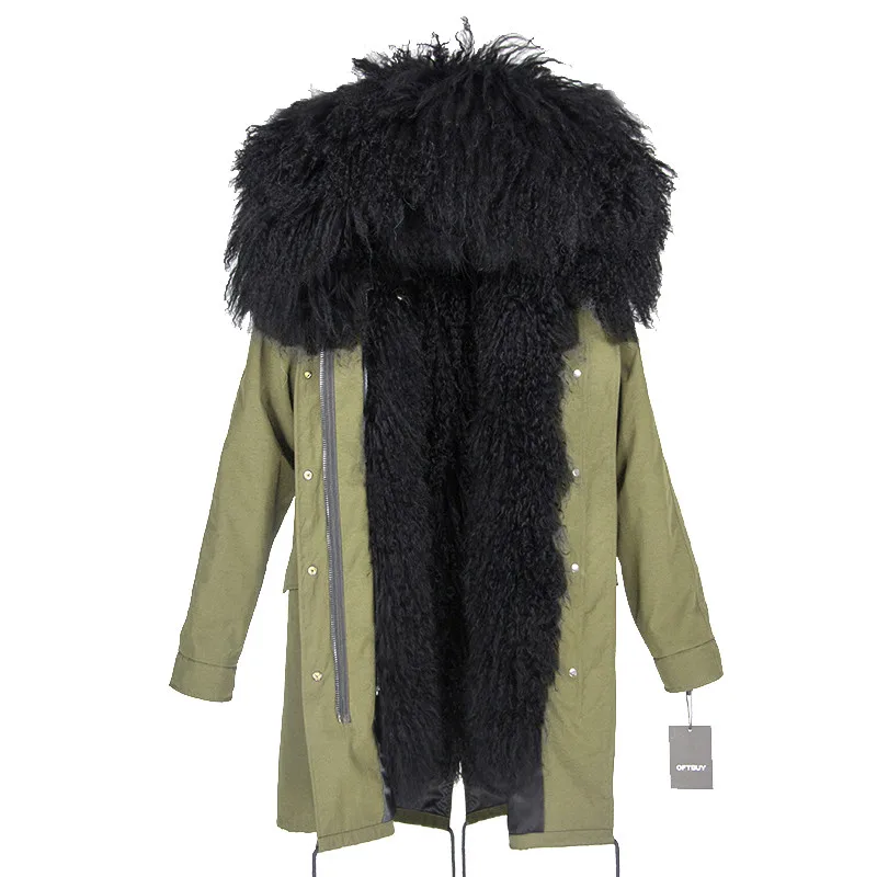 army black Теплая женская парка на меху OFTBUY, черное пальто с подкладкой из натуральной шерсти монгольской овцы, с меховым капюшоном, большие размеры, зима - Цвет: army black