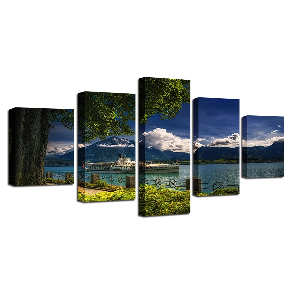 

Decor Painting Wall Art Printed 5 Pieces Tree Lake Boat Mountain And Blue Sky White Cloud Scenery Canvas Pictures Modular Poster