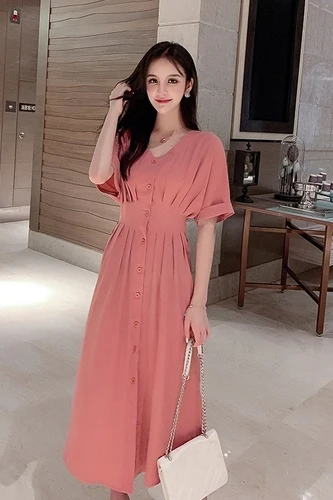 

Casual New 2019 Summer Dress A-line Fashion V Neck Dresses High Waist Brief Single Breasted Vintage Korean Vestidos Mujer