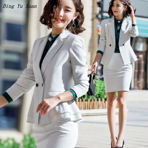 

2019 New Fashion 2 Piece Set Women Pant Suits Slim Work Wear Office Ladies Long Sleeve Blazer and Pants Outfits Navy Blue White
