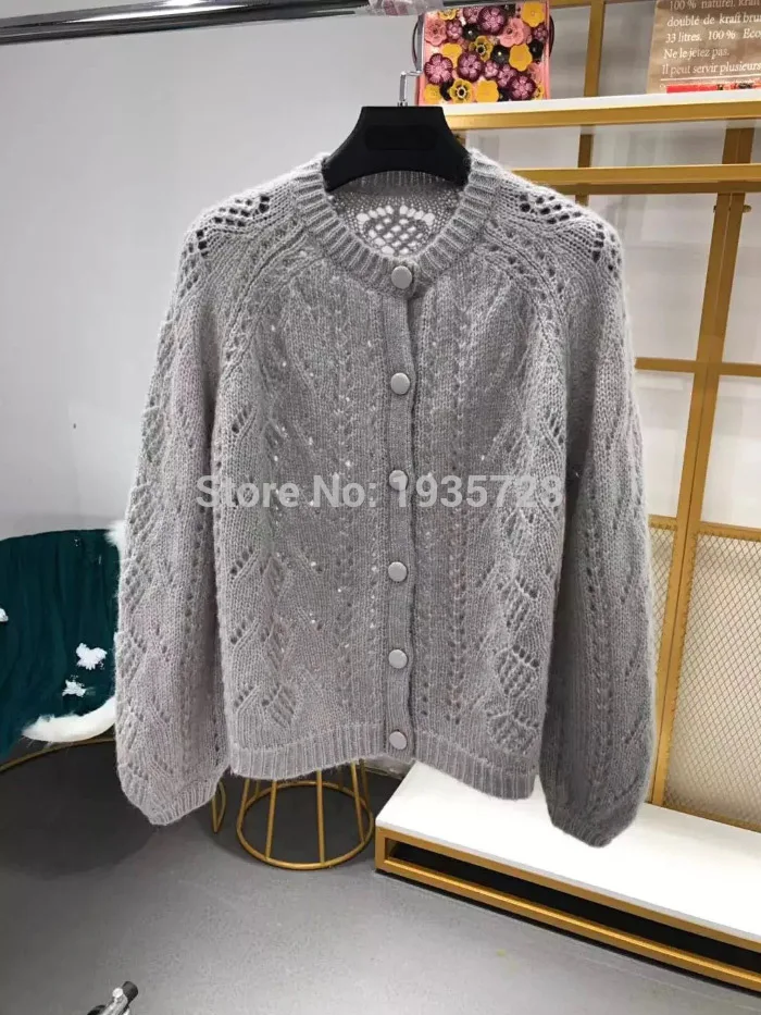 Женский мохеровый вязаный свитер с вырезами белый/красный/серый кардиган