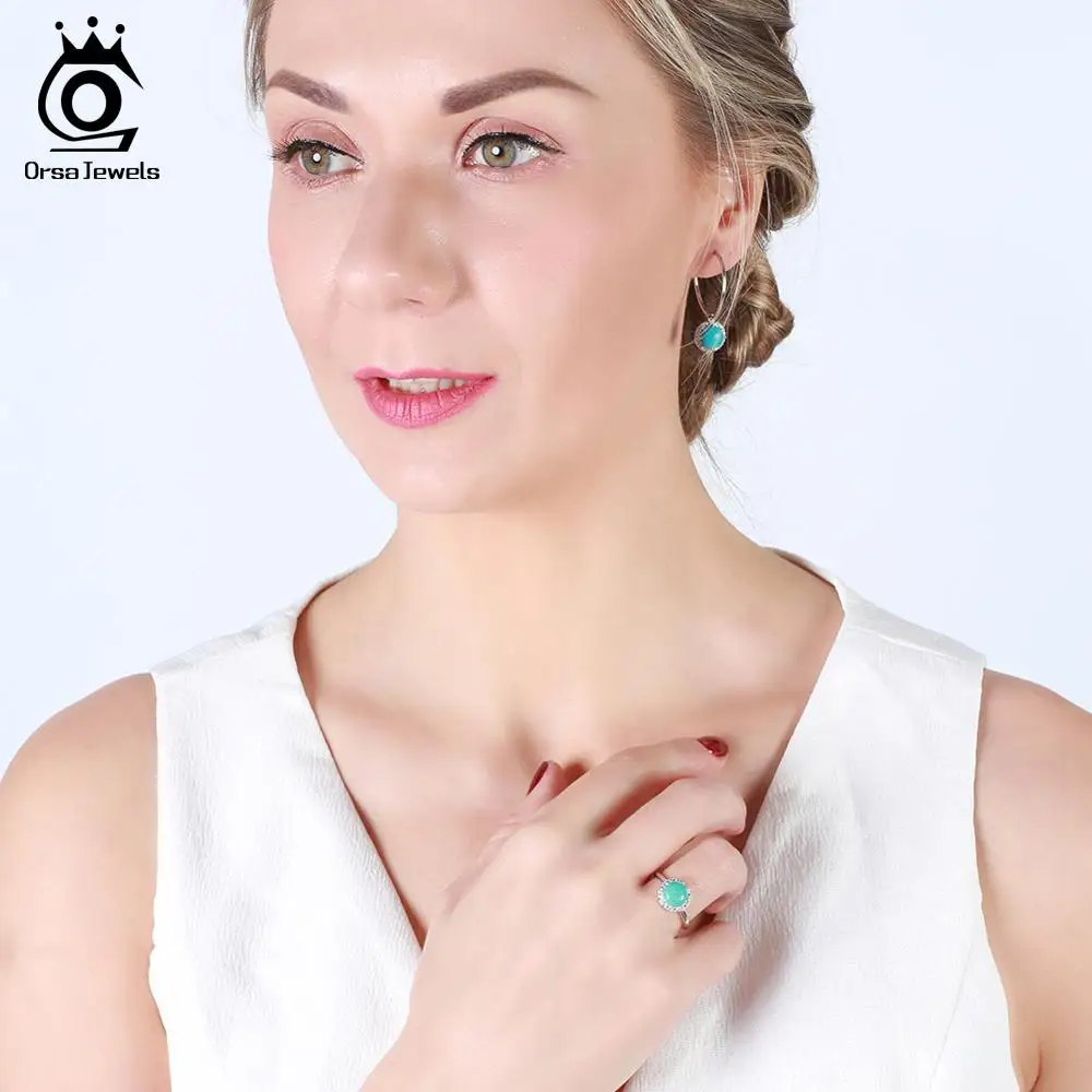 ORSA JEWELS 925 пробы Серебряный женский ювелирный набор, натуральные кольца+ серьги-капли, полудрагоценный камень, подарок на свадьбу, вечеринку, OSS31
