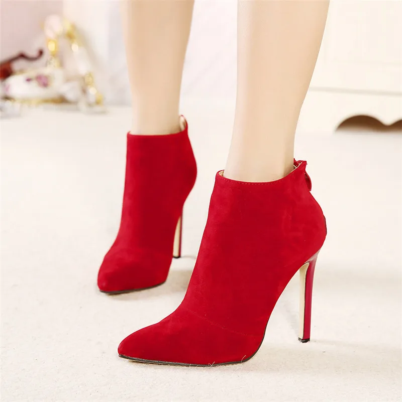 Women Spring Autumn Suede Leather Black Red Pointed Toe Zipper Ankle Short Thin High Heels Boots Female Booties China Shoes F38 | Обувь