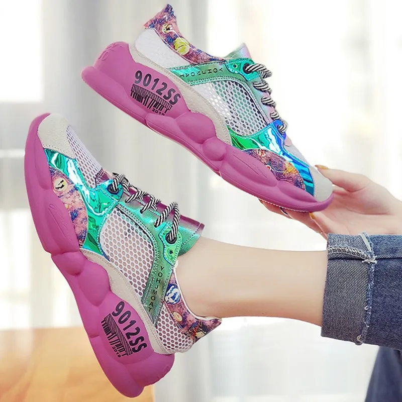 Женская обувь белые дышащие кроссовки на толстой платформе с сеткой для женщин