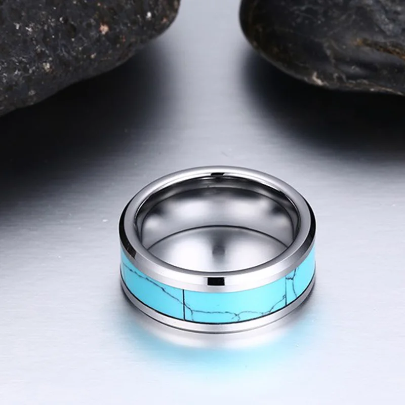 8mm Classic Simple Design Tungsten Rings Men Blue Turquoises Natural Stone For Male Charm Party anillos mujer | Украшения и