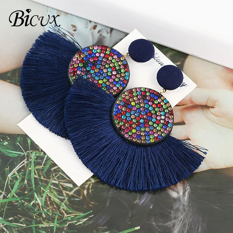 Blue 1 BICUX, модные богемные массивные серьги с большими кисточками,, красные, желтые, зеленые, шелковые висячие серьги из ткани для женщин, ювелирные изделия - Окраска металла: Blue 1