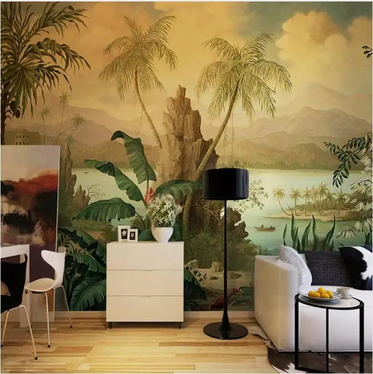 

Custom 3D Wallpaper Art Wall Mural European Style Retro Landscape Oil Painting Tropical Rainforest Banana Coconut Tree Wallpaper